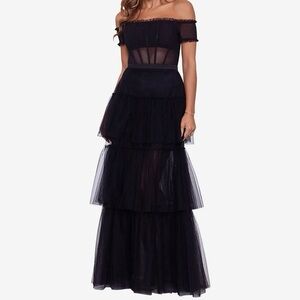 Betsy & Adam Elegant Black Dress with Ruffle Detail